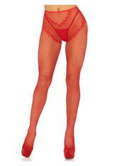 Leg Avenue French Cut Crotchless Fishnet Tights with Heart Backseam and Faux Lace Up Back - Red - One Size