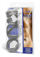 Blue Line C and B Gear Locking Ball Stretcher Cock Ring and Three-Ring Metal Cock Cage - Black/Metal