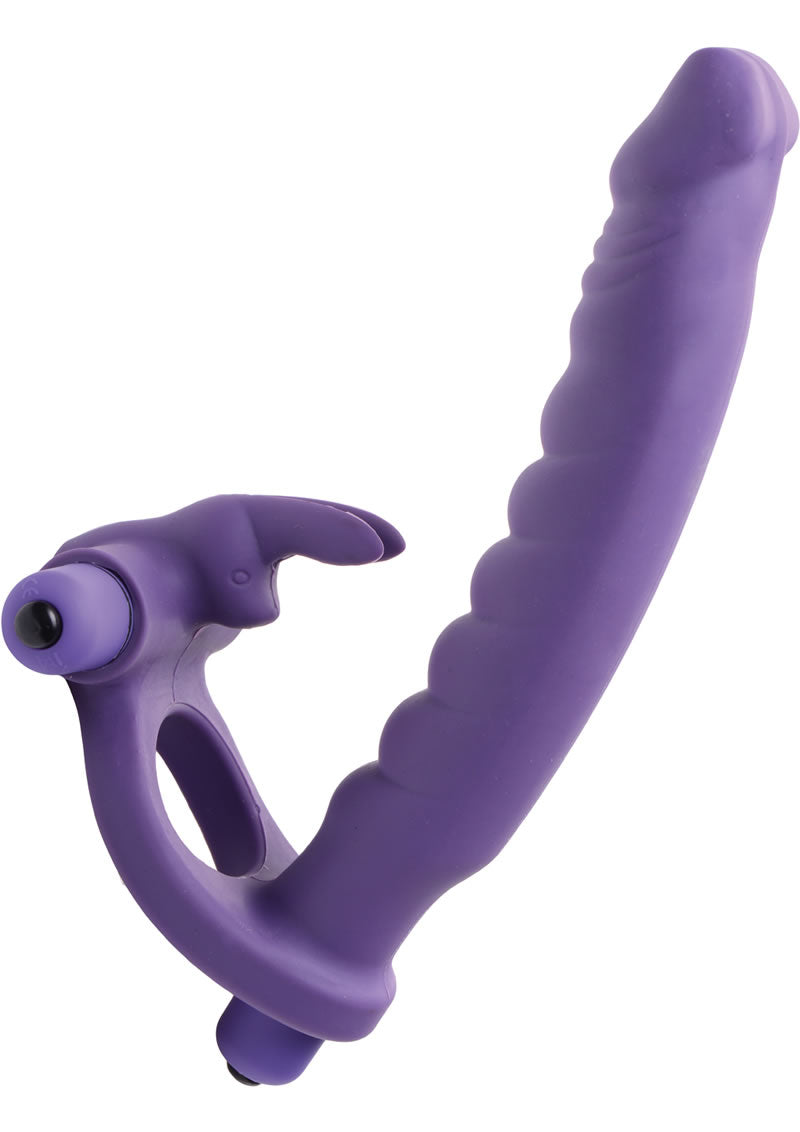 Frisky Double Delight Dual Penetration Vibrating Rabbit C-Ring - Purple