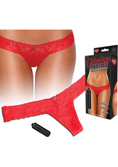 Hustler Toys Vibrating Panties Panty Vibe Lace Thong with Hidden Vibe Pocket - Red - Medium/Small