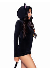 Leg Avenue Comfy Cat Ultra-Soft Velvet Plush Zip Up Romper with Bell Zipper Pull, Ear Hood, and Kitty Tail - Black - XSmall