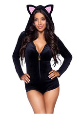 Leg Avenue Comfy Cat Ultra-Soft Velvet Plush Zip Up Romper with Bell Zipper Pull, Ear Hood, and Kitty Tail - Black - XSmall