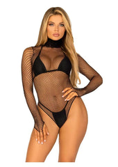 Leg Avenue Fishnet High Neck Long Sleeved Bodysuit with Snap Crotch - Black - One Size