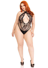 Leg Avenue Lace and Net Keyhole Crossover Halter Teddy - 1x/2x