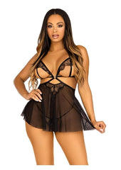 Leg Avenue Open Cup Eyelash Lace and Mesh Babydoll with Heart Ring Accent and Matching Panty