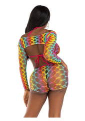 Leg Avenue Rainbow Hardcore Net Bra Top, Shrug, and Boy Shorts