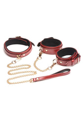 Master Series Bondage Set Cuffs, Collar, and Leash - Burgundy/Gold/Metal/Red - 6 Piece