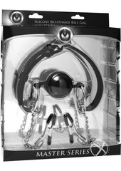 Master Series Hinder Breathable Silicone Ball Gag with Nipple Clamps - Black