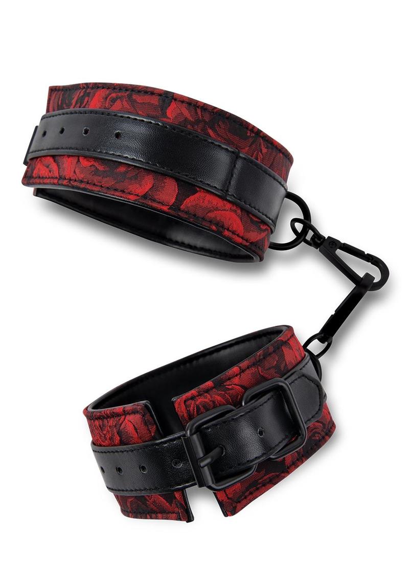 Rosegasm Buckle Cuffs W/ Satin Blindfold - Black/Red/Rose