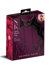 Rosegasm Open Mouth Gag W/ Nipple Clips - Black/Red/Rose