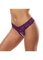 Secret Kisses Lace and Pearl Crotchless Thong - Purple - Medium/Small